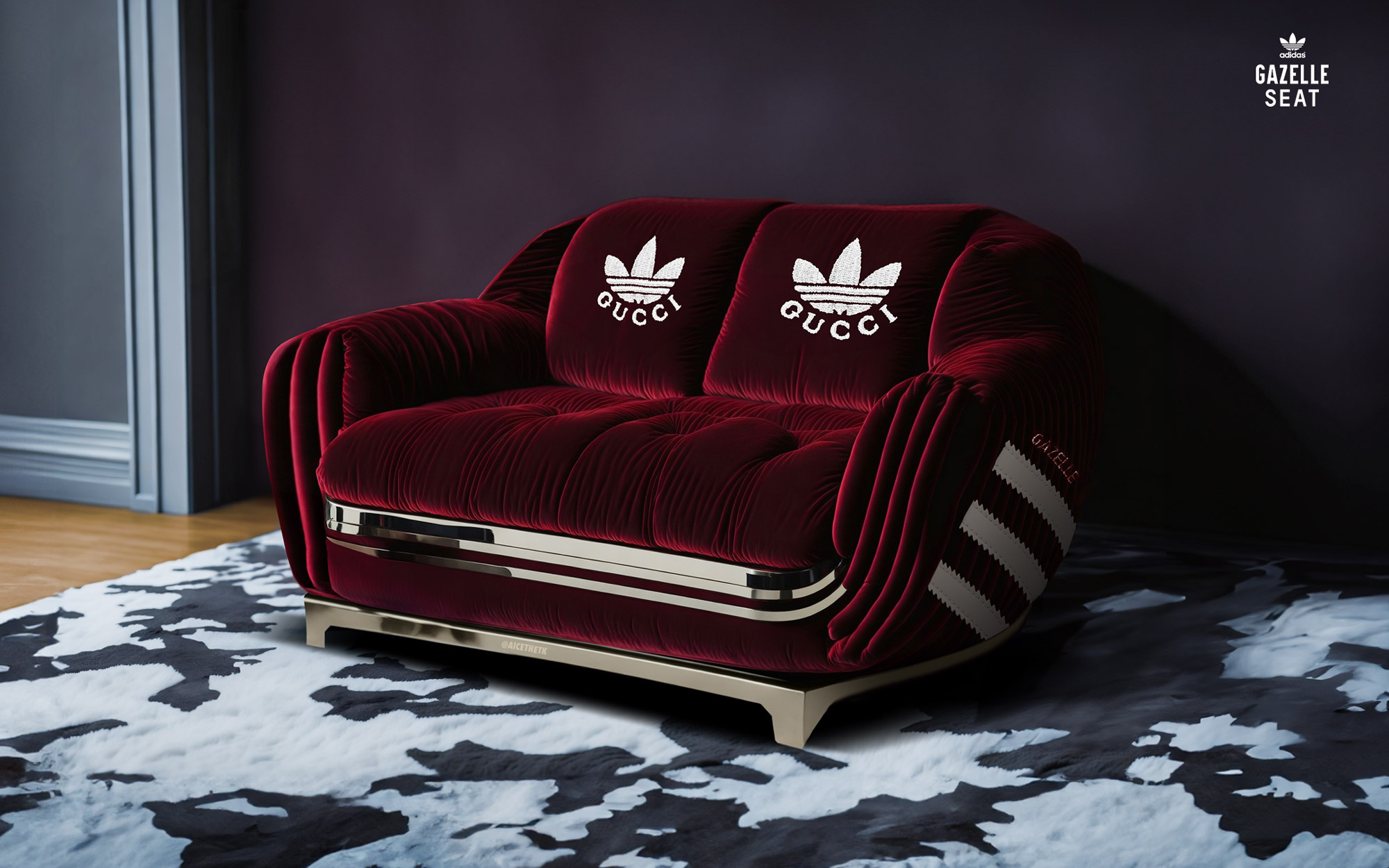 Generative AI Sneaker Seats. Adidas X Gucci Gazelle 'Red Velvet'. ComfyKicks designer furniture and chairs for the sneaker lover by Allan Chan @aicethetk