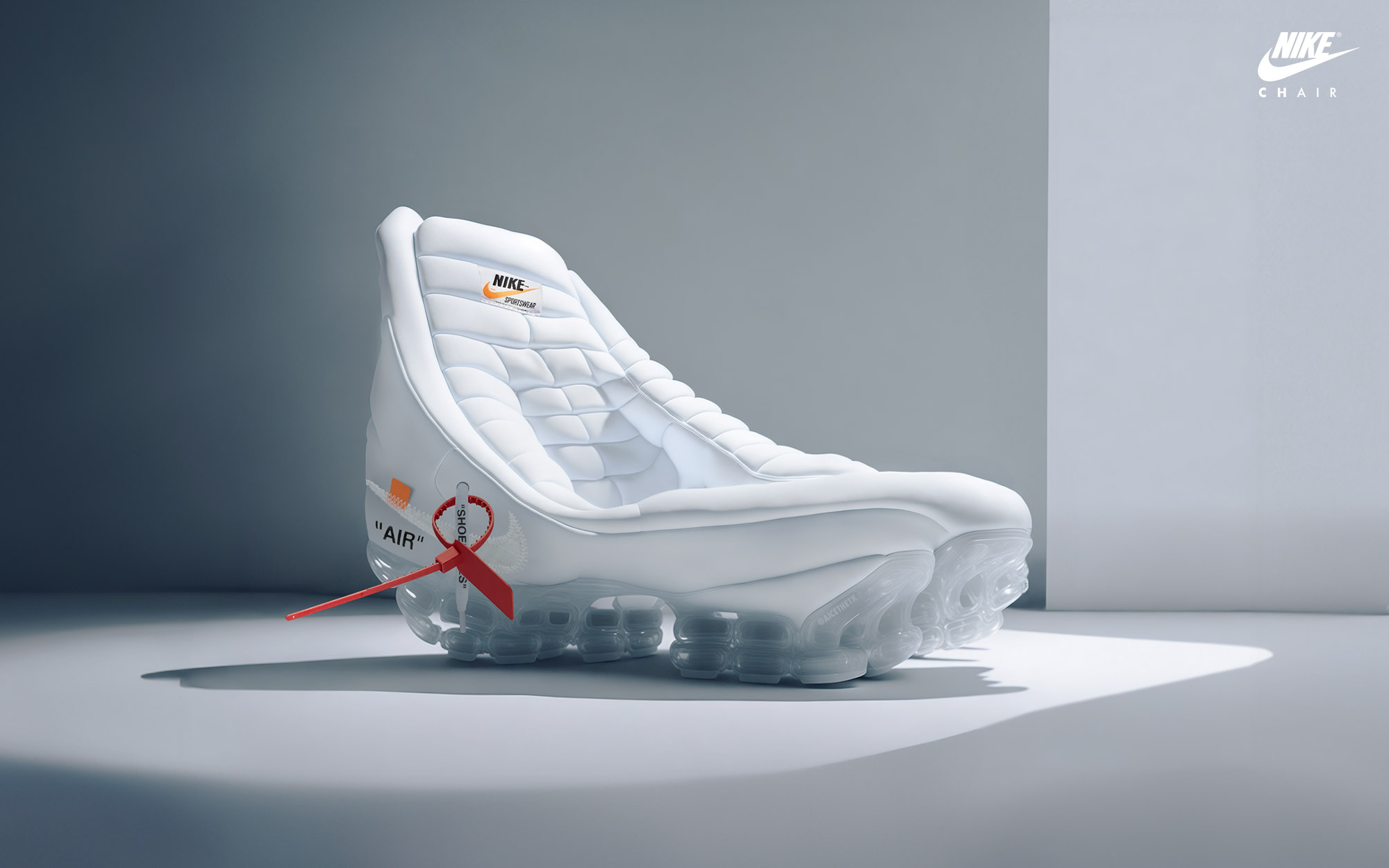 Generative AI Sneaker Seats. Off White X Air Vapormax 'Part 2'. ComfyKicks designer furniture and chairs for the sneaker lover by Allan Chan @aicethetk