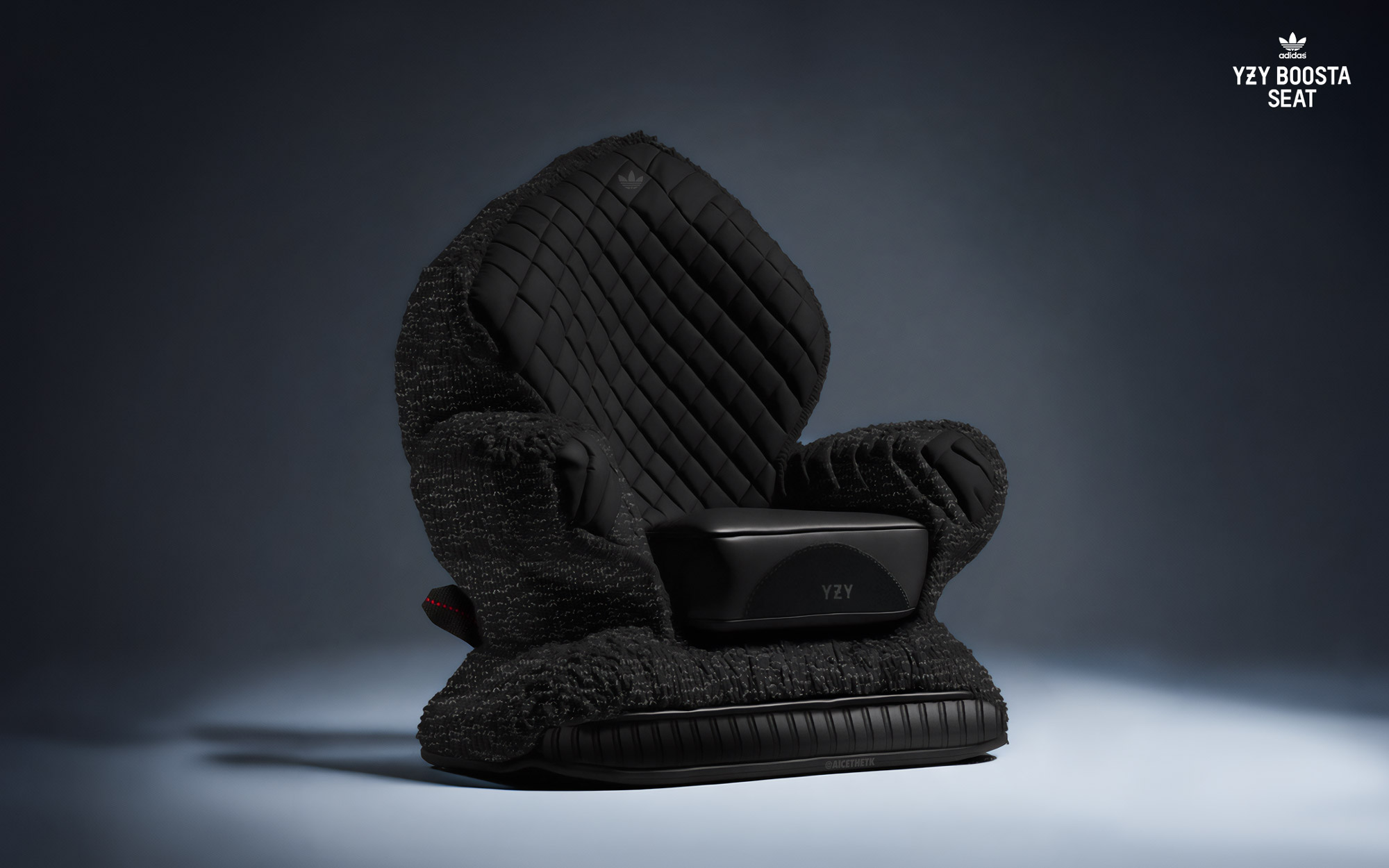 Generative AI Sneaker Seats. Yeezy Boost 350 'Pirate Black'. ComfyKicks designer furniture and chairs for the sneaker lover by Allan Chan @aicethetk