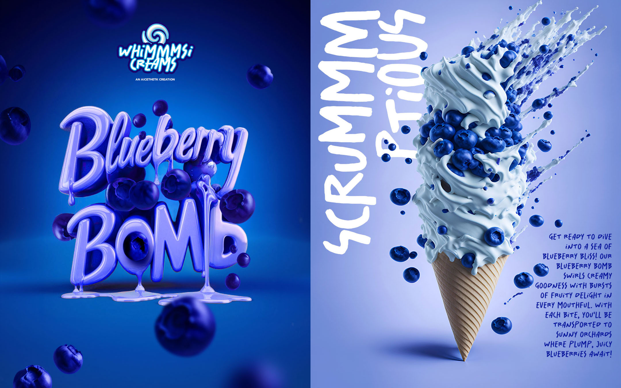 Generative AI poster design by Allan Chan Creative. Blueberry Bomb ice cream flavour.