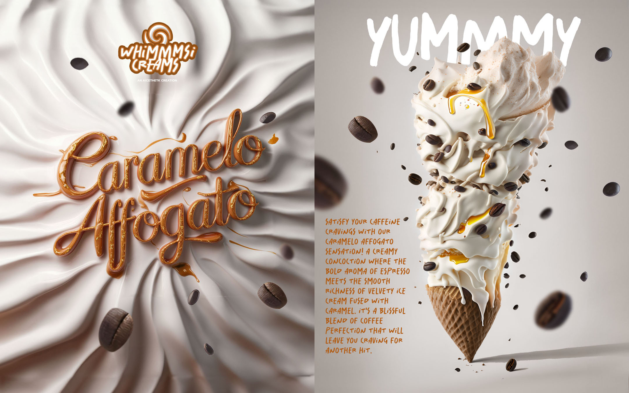 Generative AI poster design by Allan Chan Creative. Caramelo Affogato ice cream flavour.