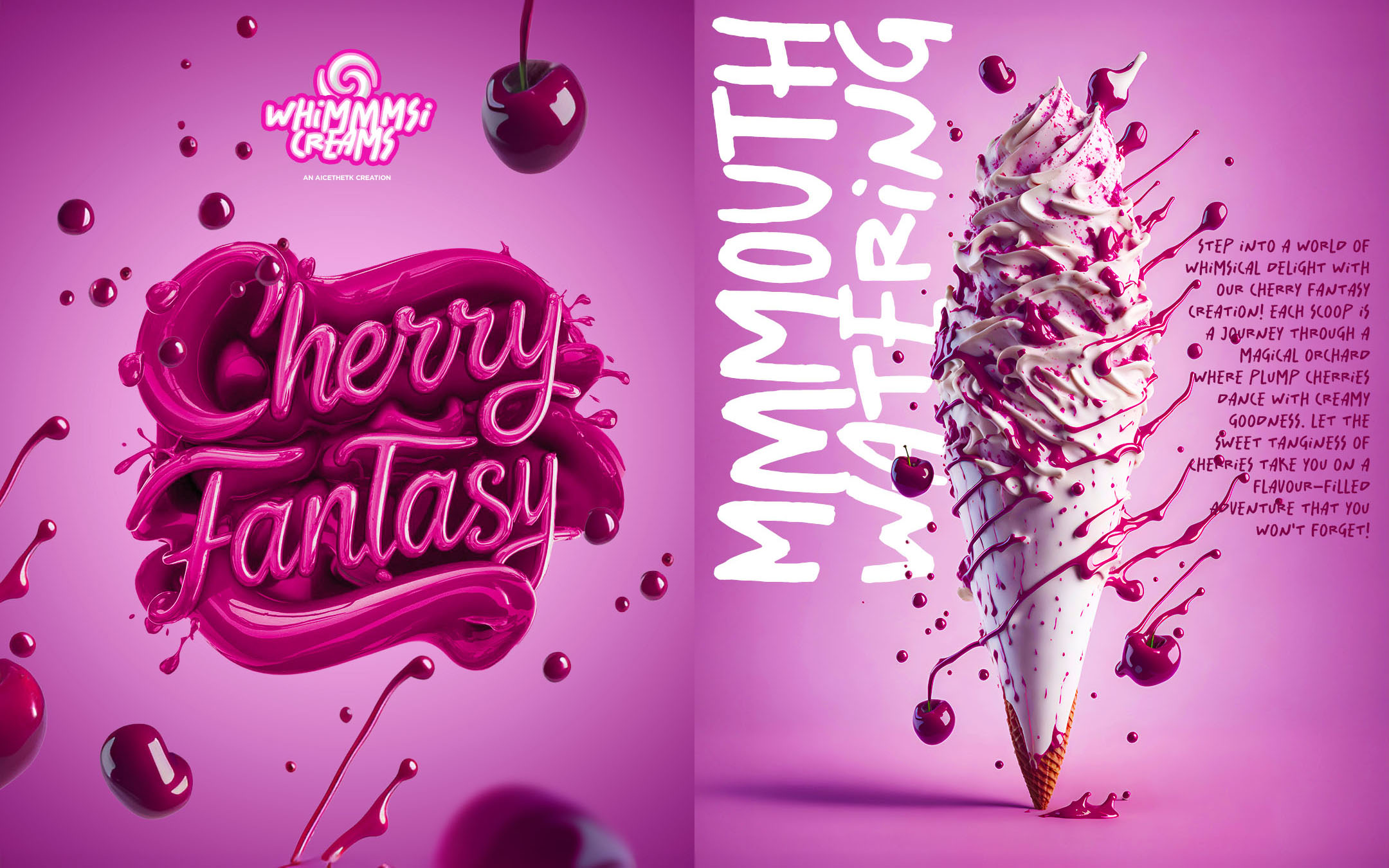 Generative AI poster design by Allan Chan Creative. Cherry Fantasy ice cream flavour.