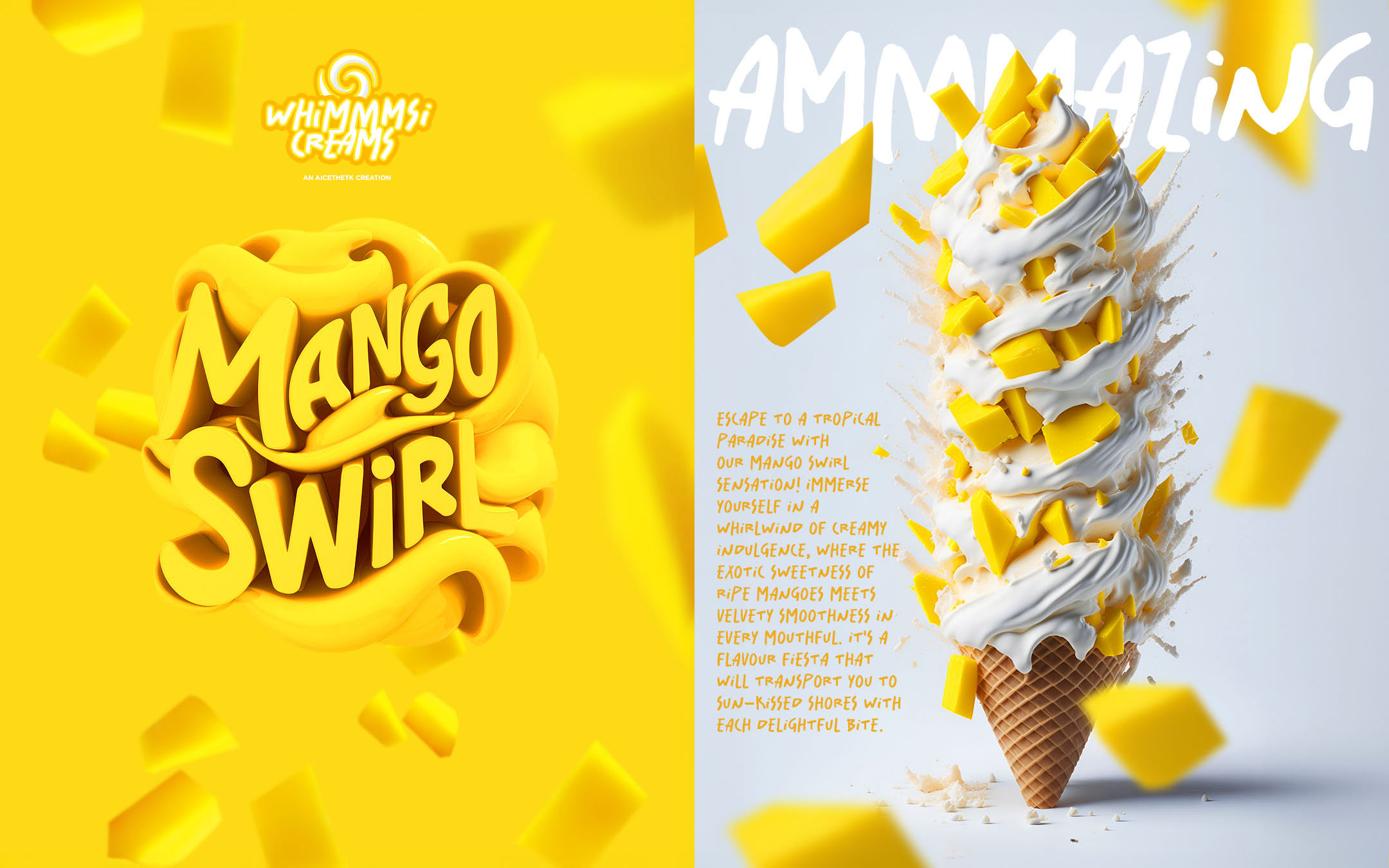 Generative AI poster design by Allan Chan Creative. Mango Swirl, ice cream flavour.