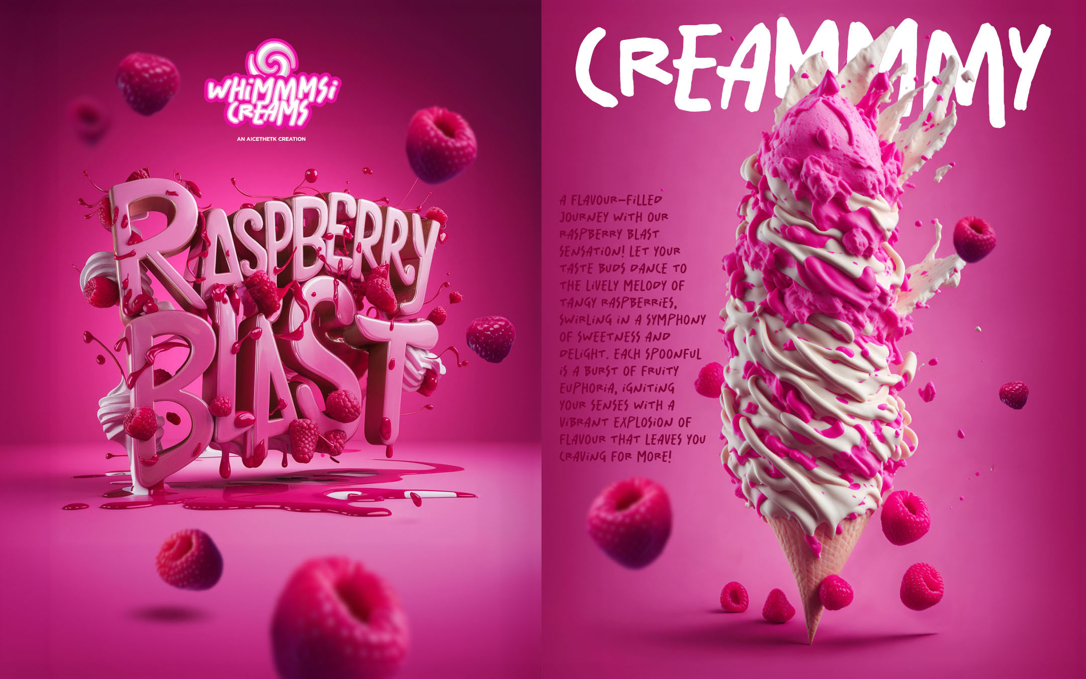 Generative AI poster design by Allan Chan Creative. Raspberry Blast ice cream flavour.