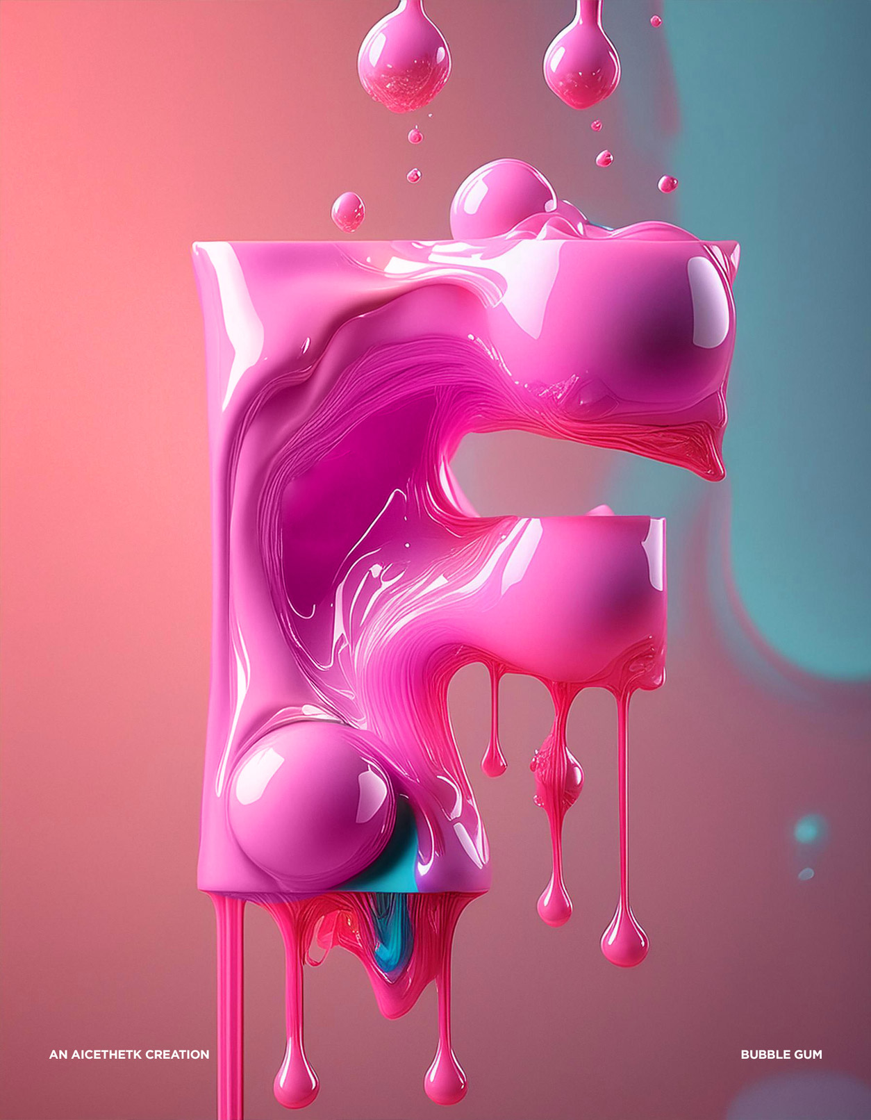 Generative AI 3D lettering Typography, Letter F by Allan Chan. Dripping bubblegum.