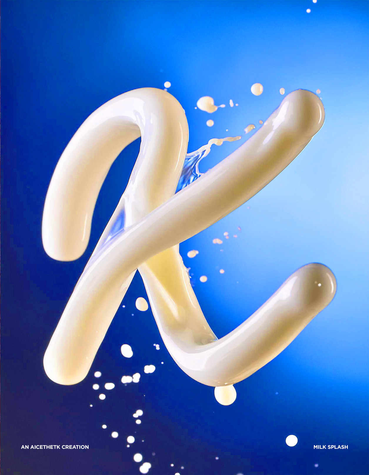 Generative AI 3D lettering Typography, Letter K by Allan Chan. Liquid splashing milk.