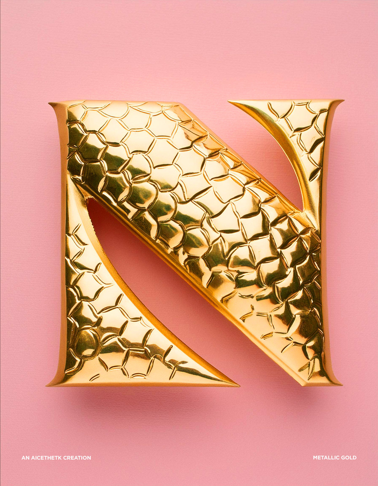 Generative AI 3D lettering Typography, Letter N by Allan Chan. Metallic Gold.