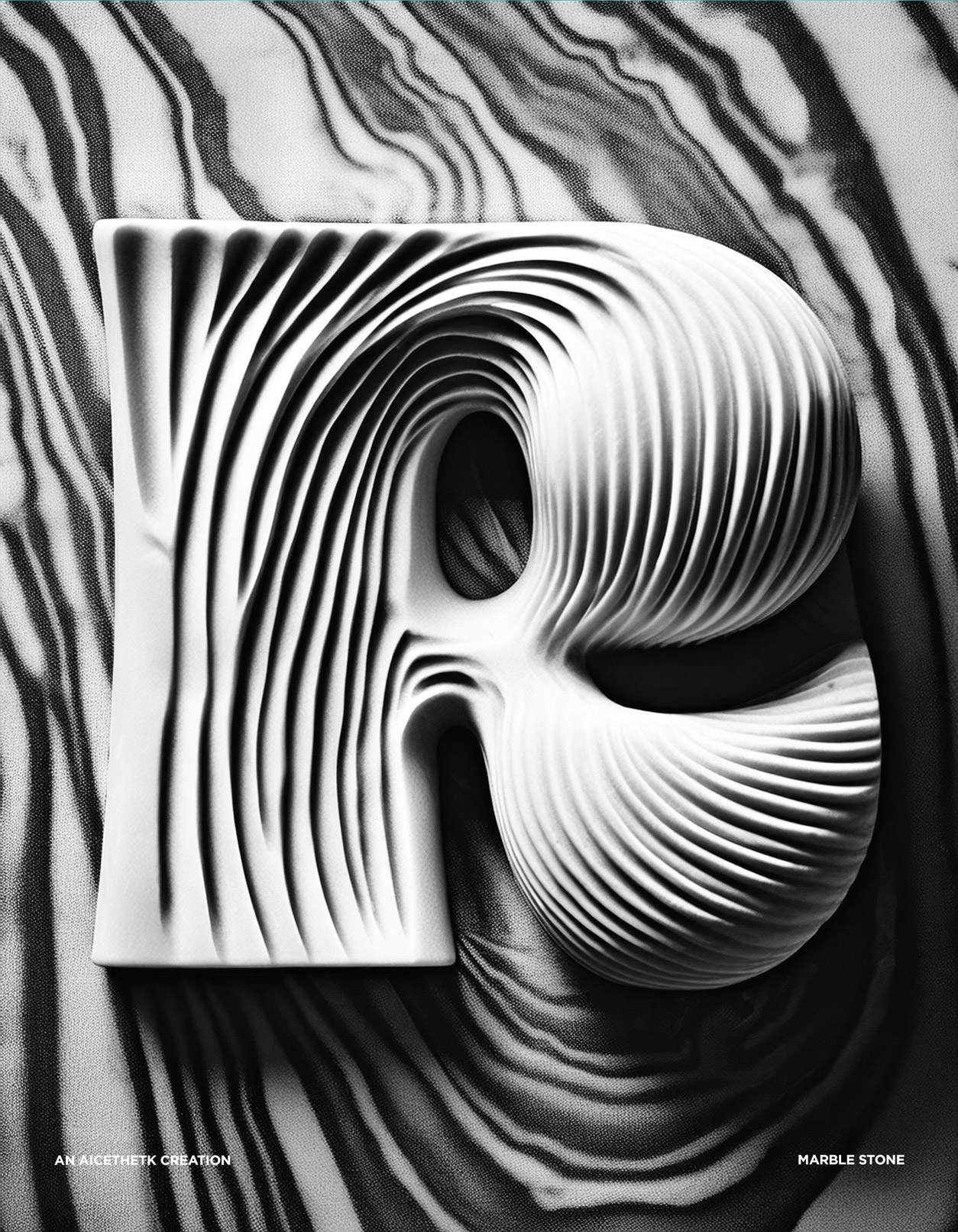 Generative AI 3D lettering Typography, Letter R by Allan Chan. Marble sculpture.